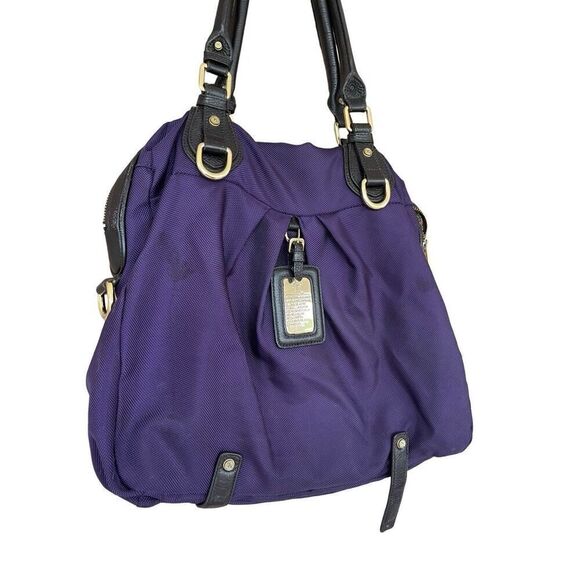 JPK Womens Purple Gold Tone Nylon Top Zip Closure Leather Double Handle Handbag - Picture 5 of 11